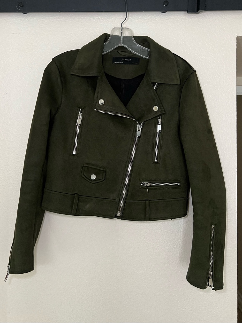 Zara Olive Green Suede Moto Jacket with Silver Hardware